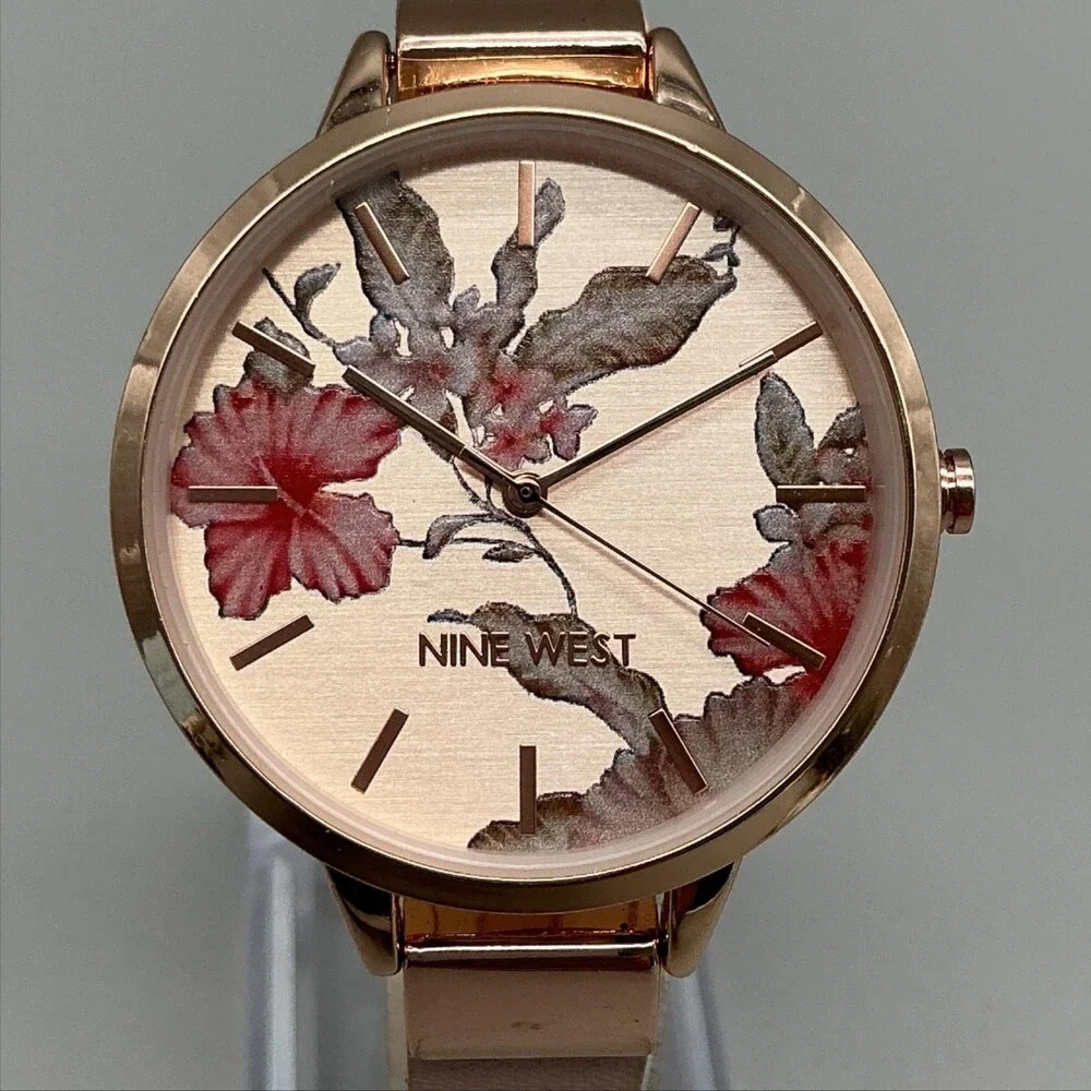 Nine West NW/2044 Womens Watch 38mm Rose Gold Tone Floral Pink Strap New Battery
